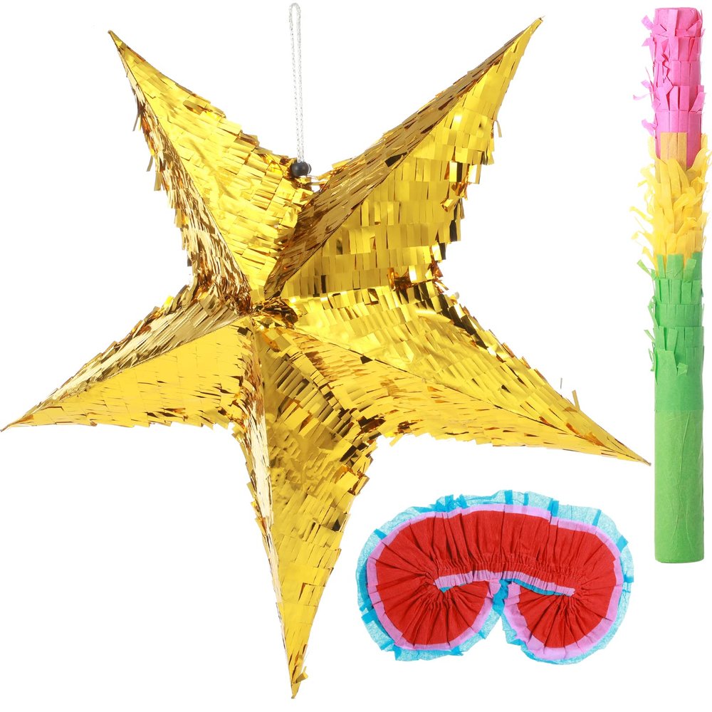Civaner 3 Pcs Foil Star Piata with a Blindfold and Bat Foldable Star Piatas for Girl Kids Boys Adults Birthday Wedding Christmas Cinco de Mayo Party Decorations