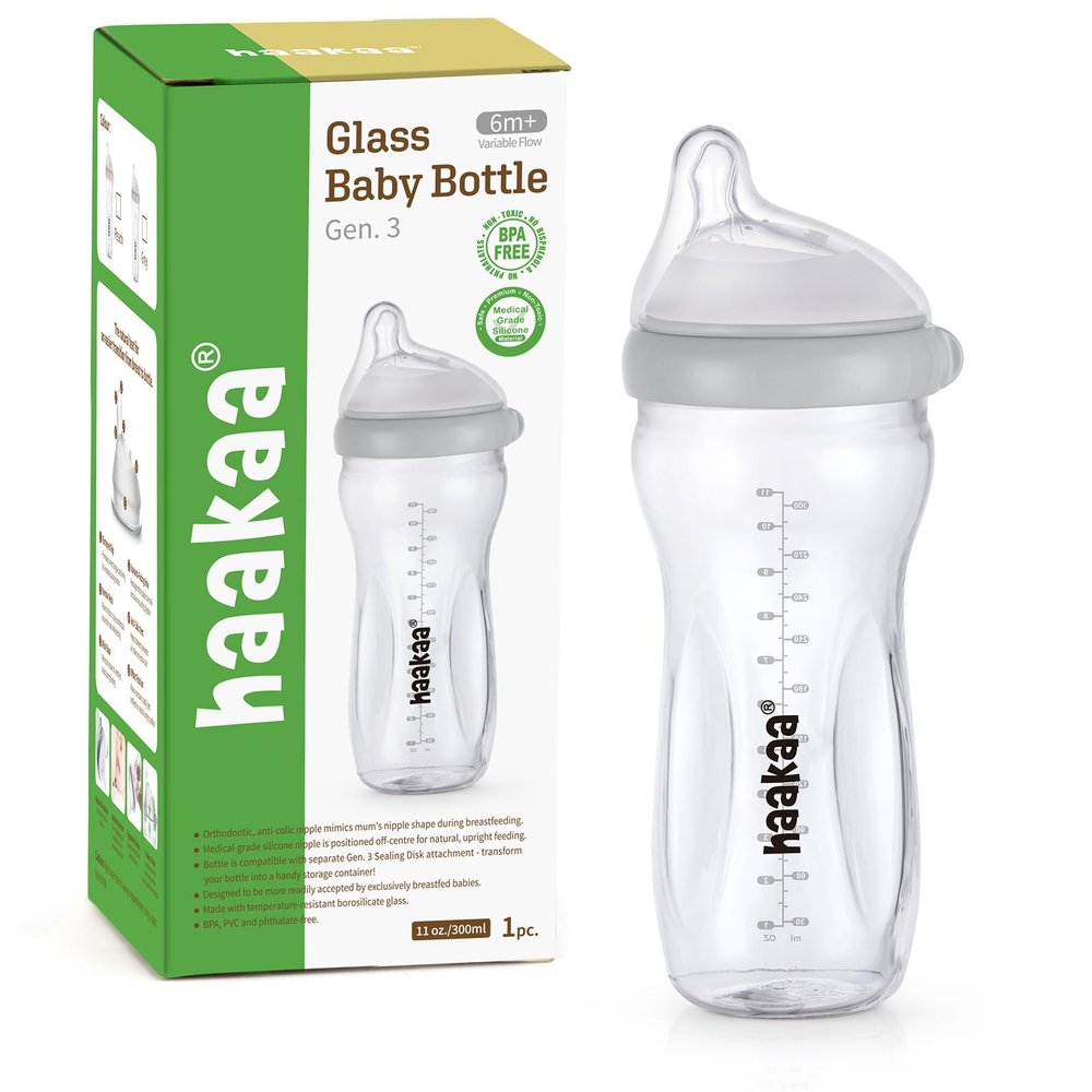 haakaa Gen.3 Natural Glass Baby Bottle 11oz - Wide Neck Anti-Colic Variable Flow Nipple,Easy to Clean & Latch for Newborn 0m+ 6m+ Breastfed Baby Toddler,BPA-Free - Grey