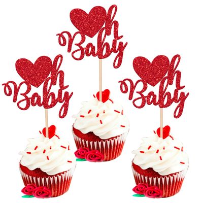 24 Pack Valentine's day Oh baby Cupcake Toppers with Glitter Sweet Love Baby Cupcake Food Picks Valentine's Day Theme Baby Shower Kids Birthday Party Cake Decorations Supplies Red