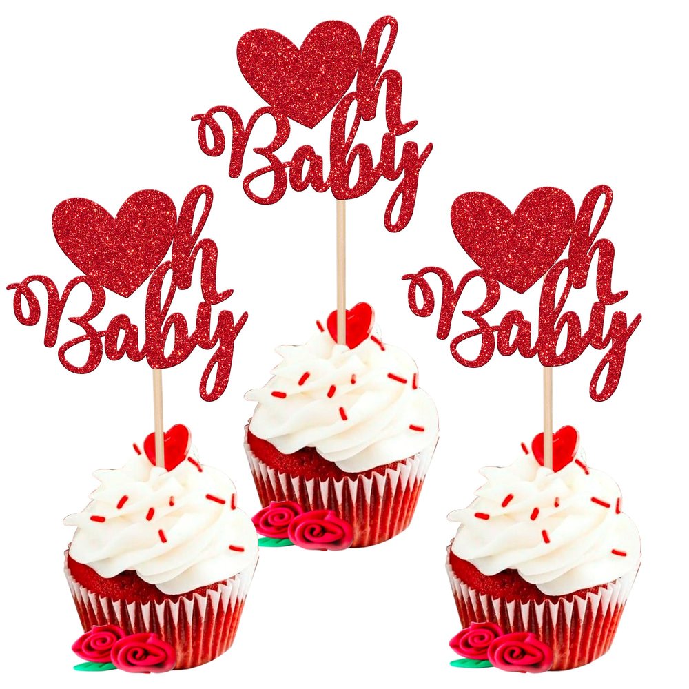 24 Pack Valentine's day Oh baby Cupcake Toppers with Glitter Sweet Love Baby Cupcake Food Picks Valentine's Day Theme Baby Shower Kids Birthday Party Cake Decorations Supplies Red