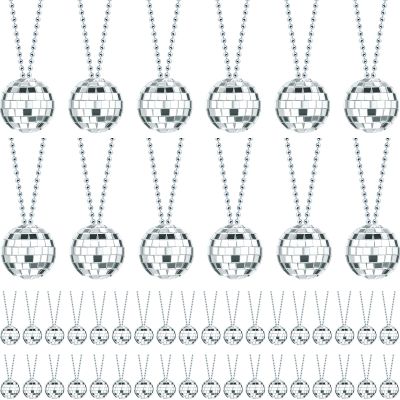 Junkin 48 Pieces Disco Necklaces Decoration Bulk Disco Mirror Ball New Year 70s Party Favors Mini Balls Decoration, 1.57 Inch Stage Props Accessories(Silver)