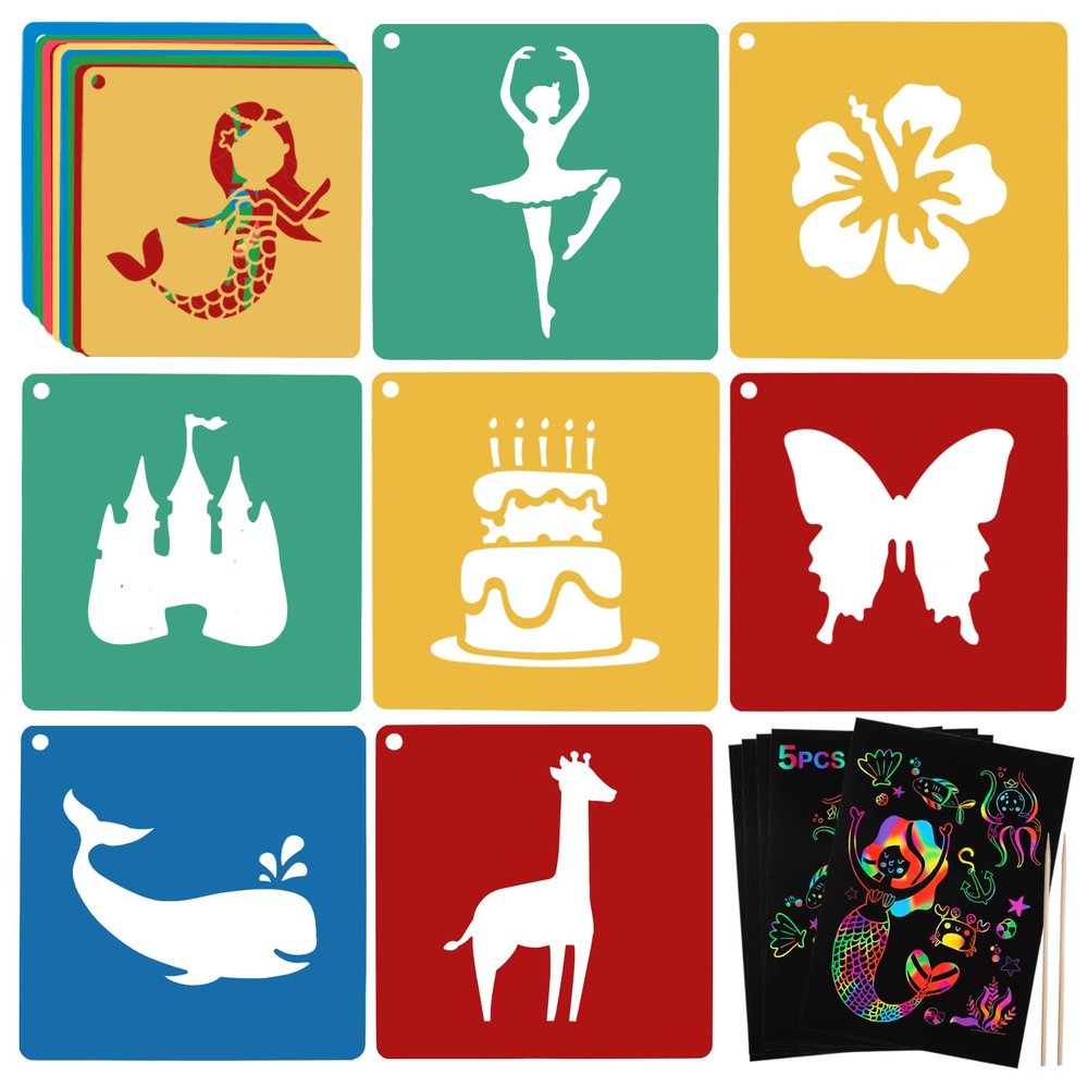 20 PCS Sturdy Stencils for Kids, 8 Inch Kids Stencils with 5 Pcs Scratch Paper for Painting to Imaginative Children's Stories, Learning Tools for Toddlers and Preschooler