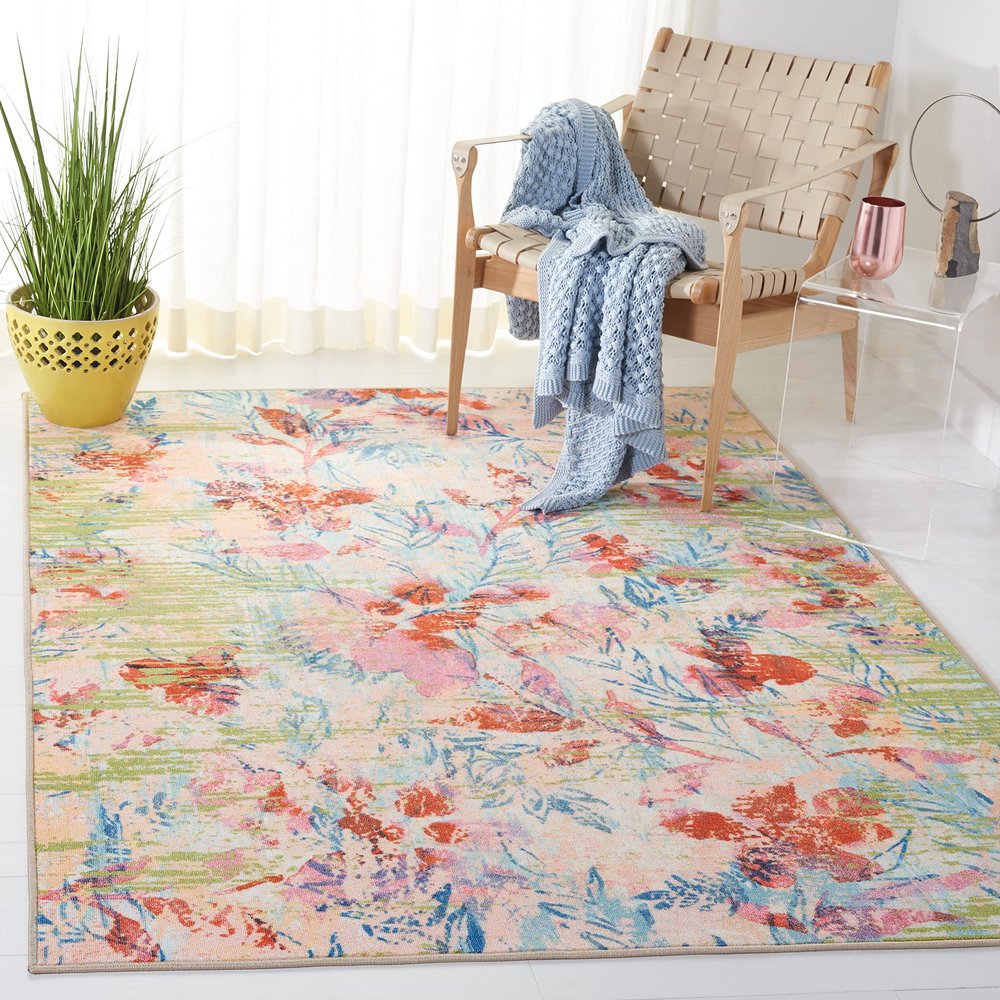 SAFAVIEH Washable Rug Paint Brush Collection - 7'9" x 10', Blue & Blush Pink, Slip Resistant & Easy to Clean, Ideal for Living Room, Bedroom, Nursery, Kids Playroom, Dining Space (PTB159M)