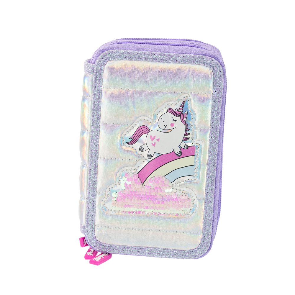 Girabrilla Nice Group Unicorn Pencil Case with 3 Compartments for Children, Duvet Effect, Purple