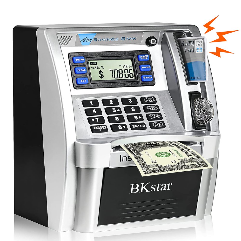 Upgraded ATM Savings Bank, Piggy Bank Machine for Real Money with Card, Bill Feeder, Coin Reader, Balance Calculator Safe Box for Kids Adults