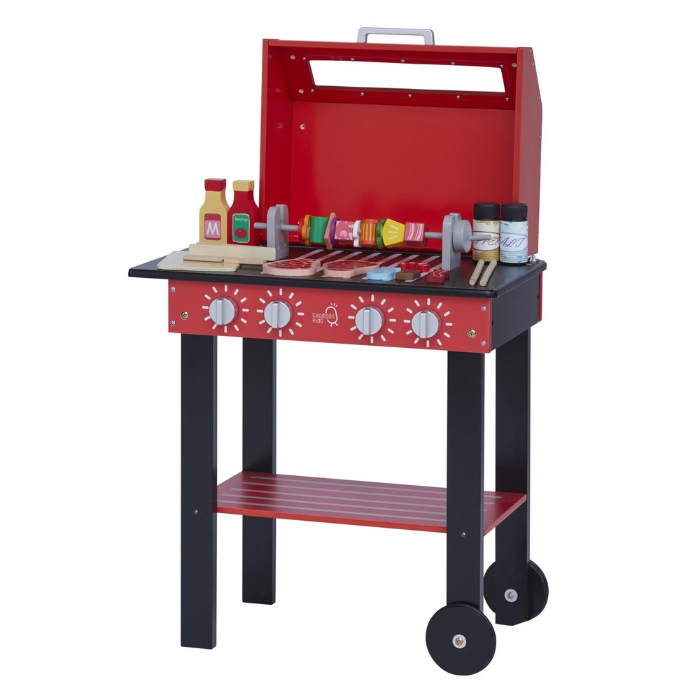 Teamson Kids Little Helper Backyard BBQ Grill Playset 25 Play Cooking Accessories, Pretend Play Kids Kitchen Preschool Playset, Red/Black