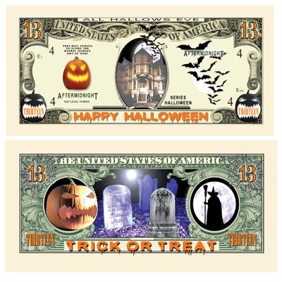 American Art Classics Pack of 25 - Scary Halloween 13 Dollar Novelty Money Collectible Bills - Fun Trick Or Treat Items