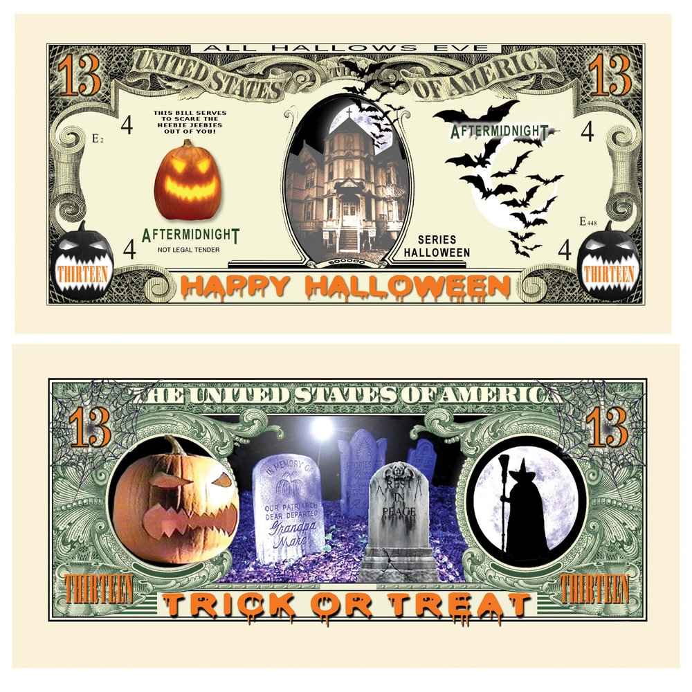 American Art Classics Pack of 25 - Scary Halloween 13 Dollar Novelty Money Collectible Bills - Fun Trick Or Treat Items