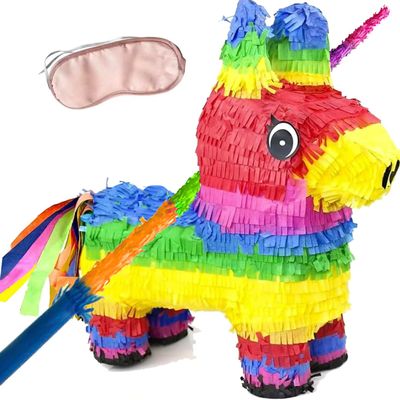 GIFTEXPRESS 16" Rainbow Donkey Pinata with Full-Size 33" Pinata Stick and Blindfold- Mexican Theme Party Decoration for Birthdays, Fiestas & Cinco de Mayo - 16 x 13 x 4.5 Inch Kids Party Favors