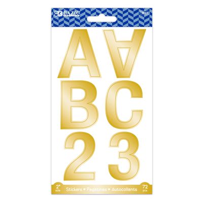 BAZIC Products Alphabet Numbers Stickers Gold Metallic Colors, 2" A to Z 0 to 9 Self-Adhesive Large Sticker for Labeling DIY Cards (72/Pack), 144-Packs