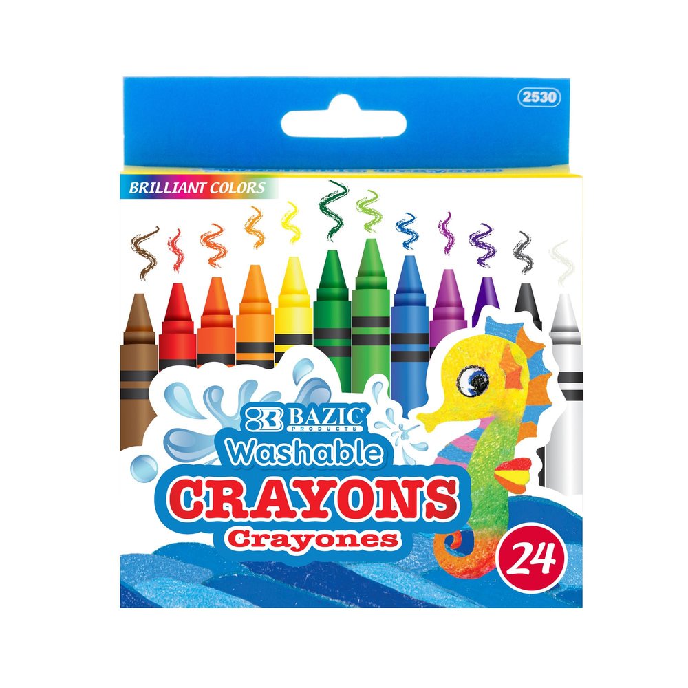 BAZIC Products Washable Crayons 24 Color, Coloring Drawing s Crayon, Non Toxic, for School Art, Gift for Kids (24/Pack), 72-Packs