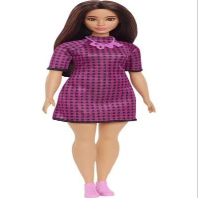 Barbie Fashionistas Doll #188, Curvy with Black Hair, Checkered Dress & Accessories Including Pink Sneakers & Necklace