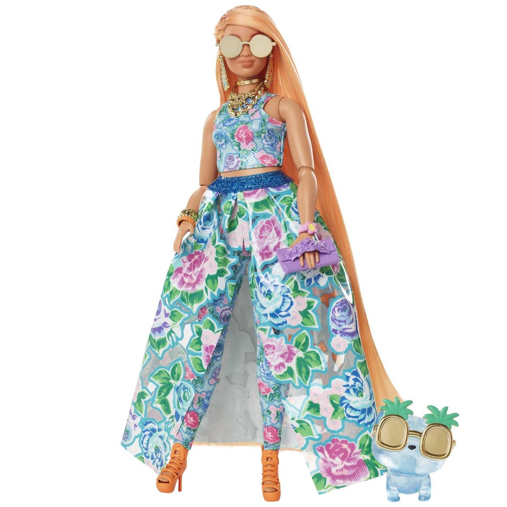Barbie Extra Fancy Fashion Doll & Accessories with Curvy Shape & Orange Hair in Floral 2-Piece Gown with Pet Kitten