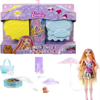 Barbie Color Reveal Sunshine and Sprinkles Doll & Accessories with 25 Surprises, Palm Tree Theme Including Water-Shower Umbrella & Color Change