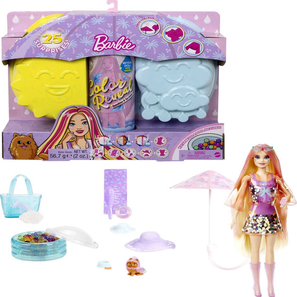 Barbie Color Reveal Sunshine and Sprinkles Doll & Accessories with 25 Surprises, Palm Tree Theme Including Water-Shower Umbrella & Color Change
