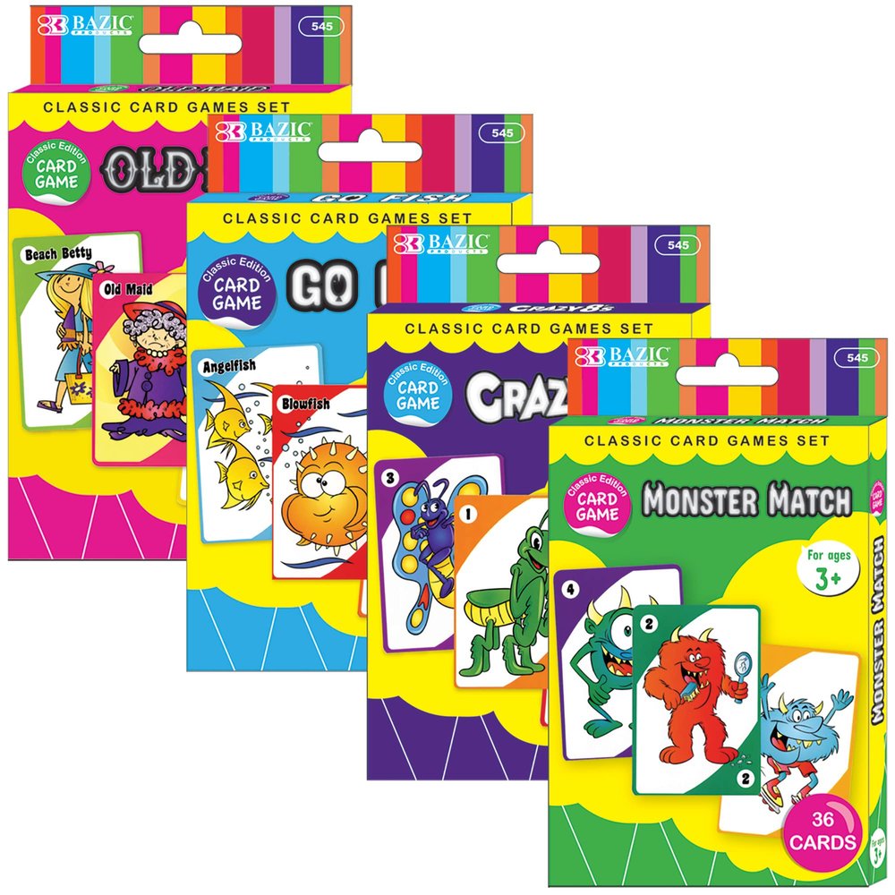 BAZIC Products Assorted Card, Number Picture Board Set, Go Fish, Monster Match, Old Maid, Crazy 8's (36/Pack), 72-Packs