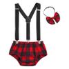 ACSUSS Baby Boys 1st Birthday Cake Smash Costume Photo Props Suspender Plaid Bloomers Bowtie Red 9-12 Months view 1