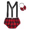 ACSUSS Baby Boys 1st Birthday Cake Smash Costume Photo Props Suspender Plaid Bloomers Bowtie Red 9-12 Months view 2