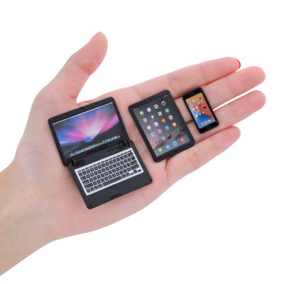 cobee 3Pcs Miniature Dollhouse Dcor, 1:12 Metal Simulation Laptop Tablet Smart Phone, Mini- Dollhouse Miniatures Furniture Accessories, Doll House Miniatures Play Set (Black 3Pcs)