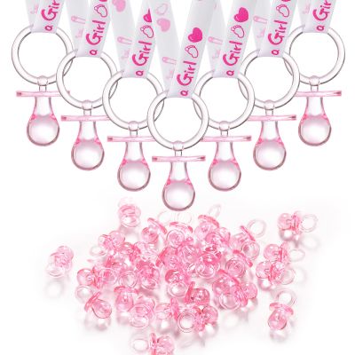 24 Baby Shower Pacifiers Necklace for Girl, 30 Mini Acrylic Pacifiers Charm Party Favors Decorations (Pink)