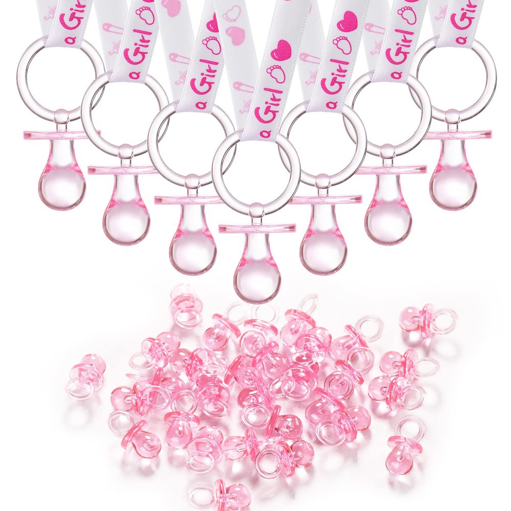 24 Baby Shower Pacifiers Necklace for Girl, 30 Mini Acrylic Pacifiers Charm Party Favors Decorations (Pink)