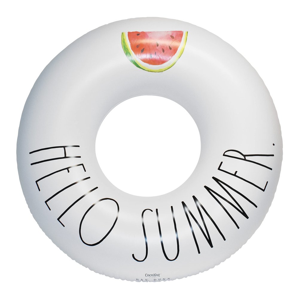 Rae Dunn x CocoNut Float Ring Float - Hello Summer Theme - Adult Size Large 48 Inch Inflatable Raft & Durable Water Inner Tube - Stable Ride-On for Summer Parties & Swim Events