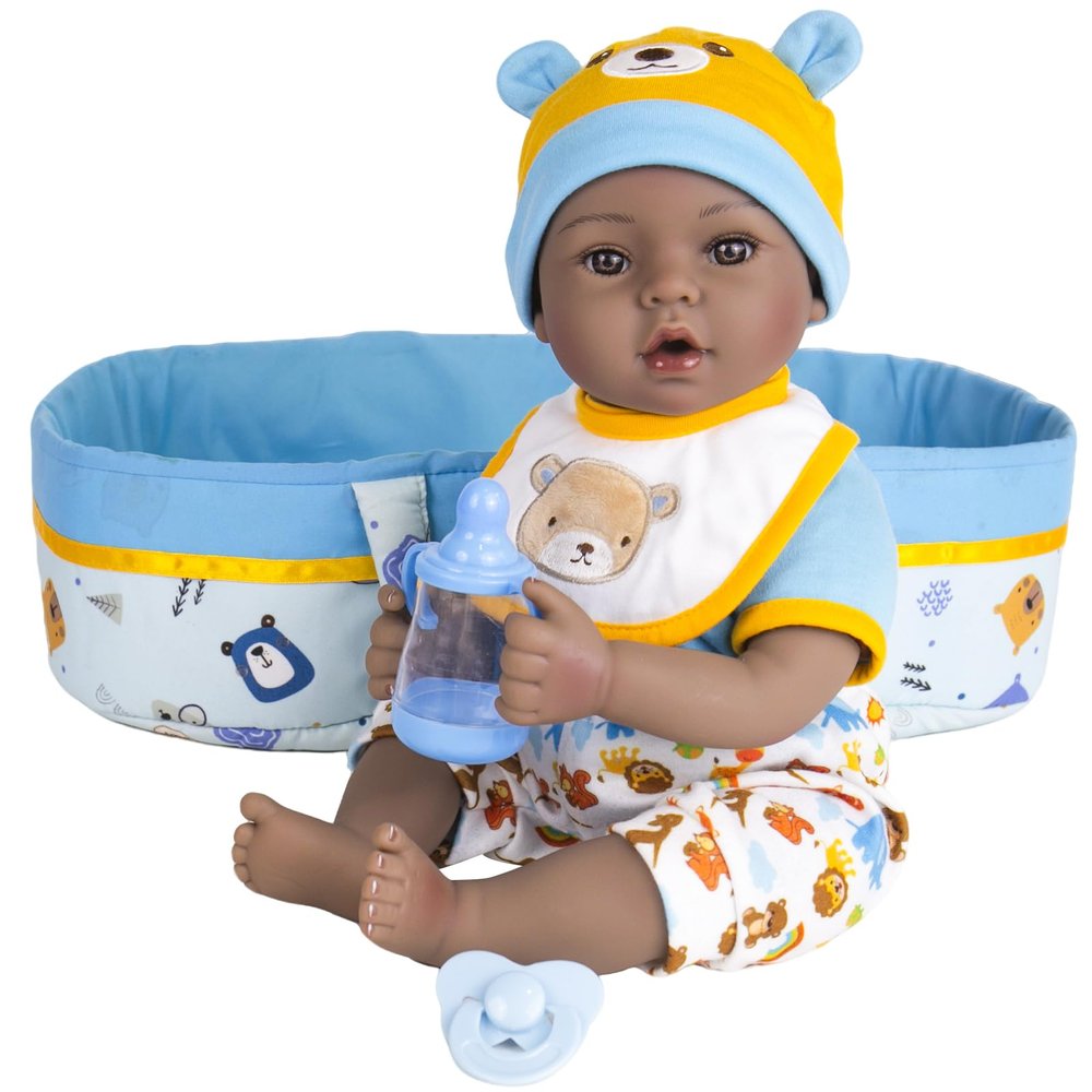 Aori Black Reborn Baby Dolls - 18 Inch Black American Lifelike Weighted Newborn Boy with Soft Cloth Body, 8pc Gift Set (Outfit/Bottle/Pacifier) - Realistic Baby Doll Safe for Ages 3+