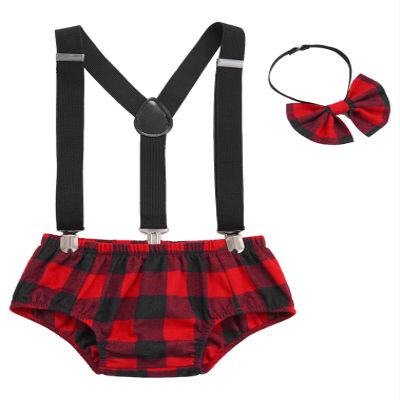 JEATHA Baby Boy First Birthday Photography Gentleman Suit Plaid Briefs Suspender Coveralls with Bow Tie Set Red 6-9 Months