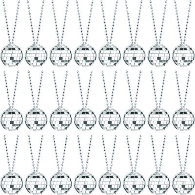 Junkin 24 Pieces Christmas Mirror Disco Ball Necklaces 70s Disco Party Necklaces for Home Decorations 1.57 Inch Stage Props Game Accessories Festivals Party Favor and Supplies