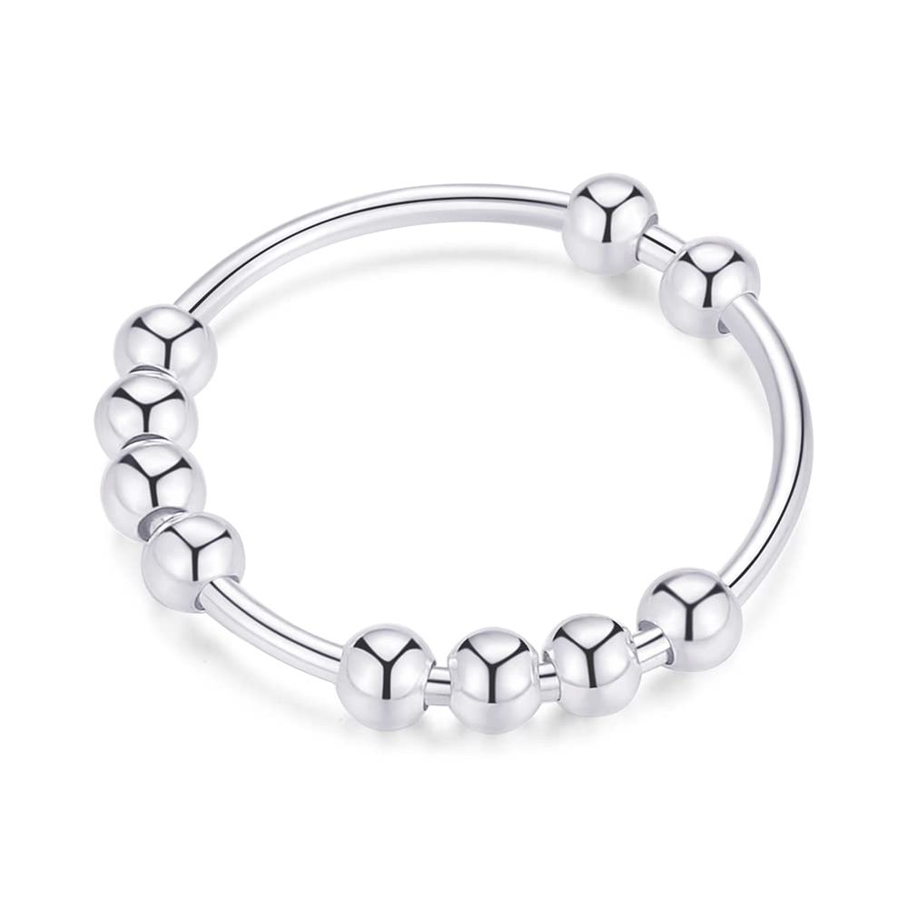 Jacruces 925 Sterling Silver Rings Anxiety Rings Fidget Ring for Women & Men Silver Spinner Thumb Ring with Beads Spinning Stress Relief Anxiety Fidget Jewelry Ideal Gift, Size 9.5