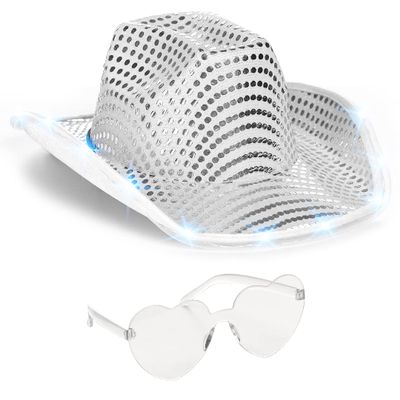 Funcredible White Light Up Cowboy Hat and Glasses - Sparkly Disco Cowgirl Hat - Sequin Cowboy Hats for Women - Cowgirl Costumes for Girls