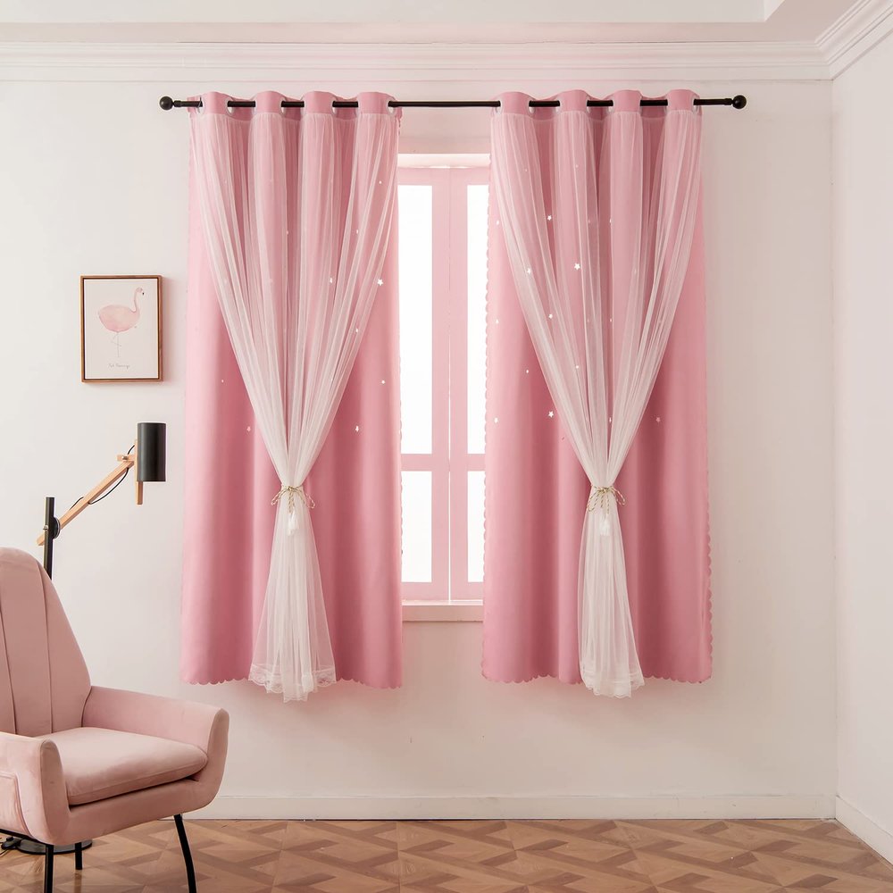LUGOTAL Girls Curtains for Living Room Bedroom Curtains Double Layer Blackout Curtain 63 Inch Length Star Cut Out Pink Curtain Window Drapes for Nursery 1 Panel (W52 X L63 InchesPink)