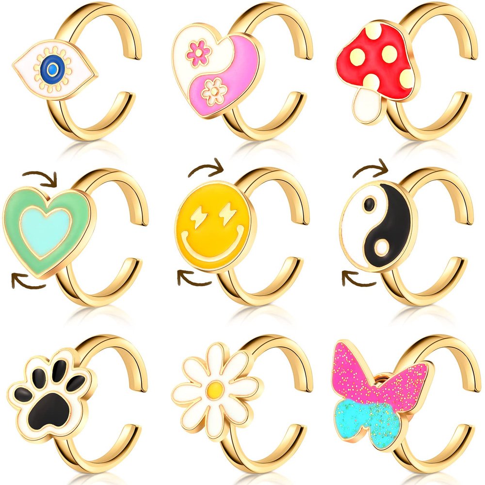 Sureio 9 Pcs Fidget Anxiety Rings Rotatable Open Ring Set Cute Colorful Spinner Rings for Anxiety Stackable Rotating Calming Worry Adjustable for Women Lady Mood Relieve Stress(Fresh Style)