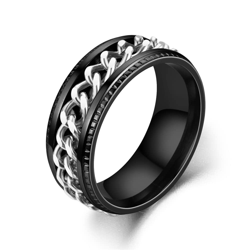 COLORFUL BLING Black Silver 8mm Spinner Ring Stainless Steel Fidget Rings Anti Anxiety for Men Women Cool Grooved Anxiety Stress Roller Rings Cool Jewelry-tire silver6