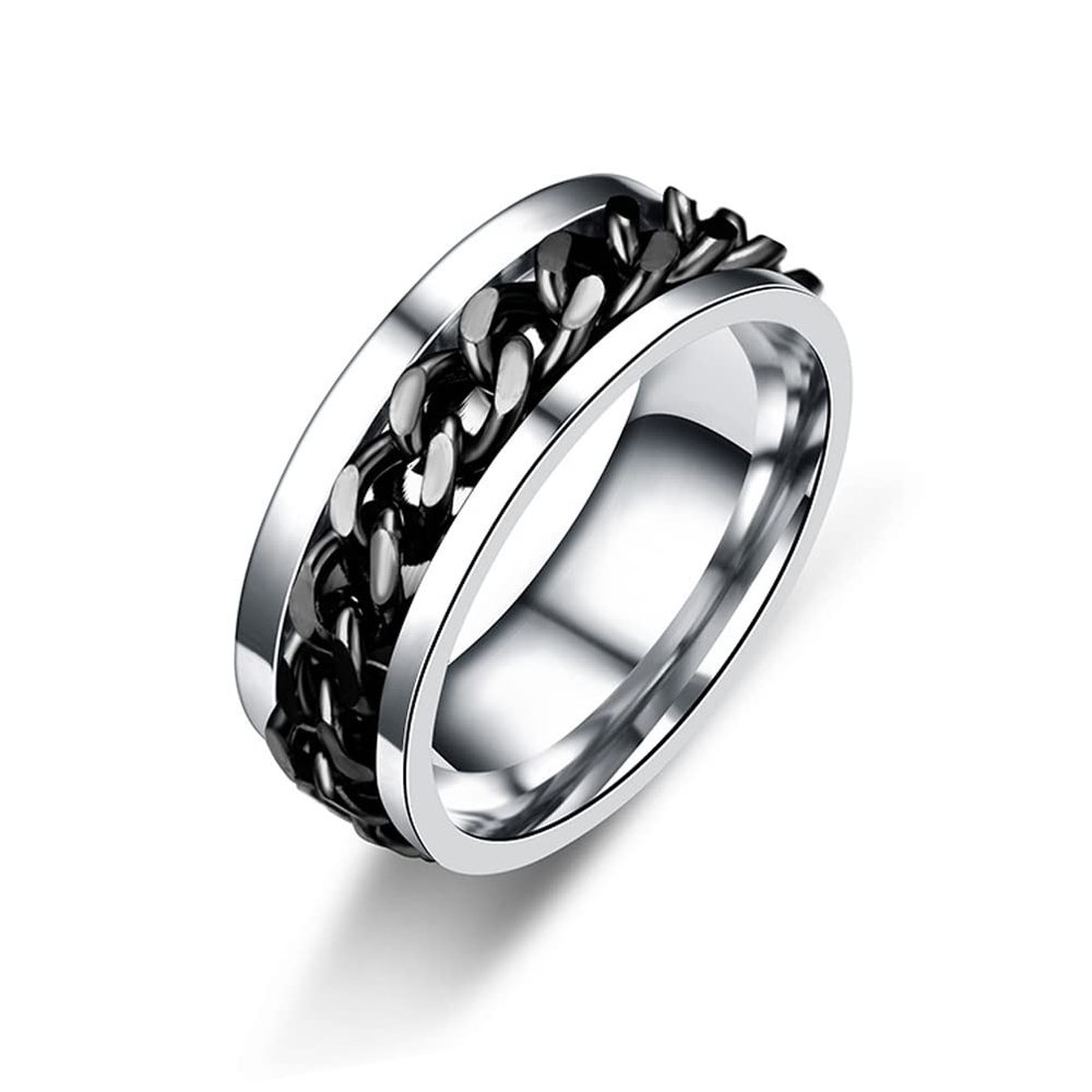 COLORFUL BLING Black Silver 8mm Spinner Ring Stainless Steel Fidget Rings Anti Anxiety for Men Women Cool Grooved Anxiety Stress Roller Rings Cool Jewelry-black8