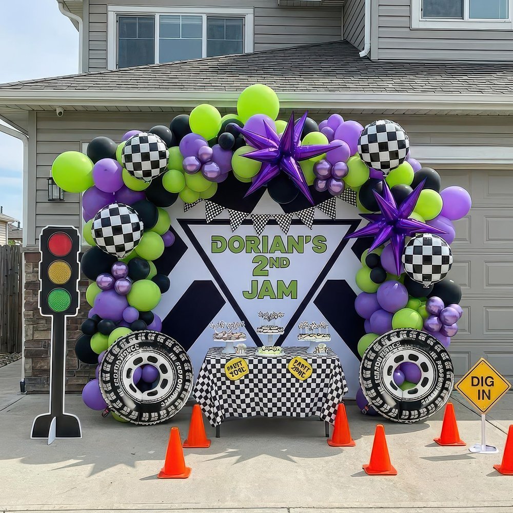 Monster Truck Purple and Green Black Balloon Garland Arch Kit with Big Wheels checkered star mylar foil tire balloons For Kids 3th 4th Birthday Monsters Racing Car Theme Party Decorations