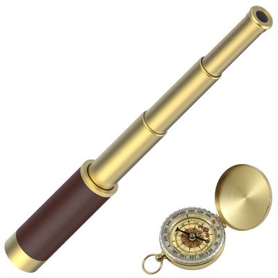 Pirate Spyglass Telescope Pocket Compass Set, Retro Monocular Handheld Telescope Zoomable 25x30 Spyglass with Pocket Compass for Pirate Party Supplies