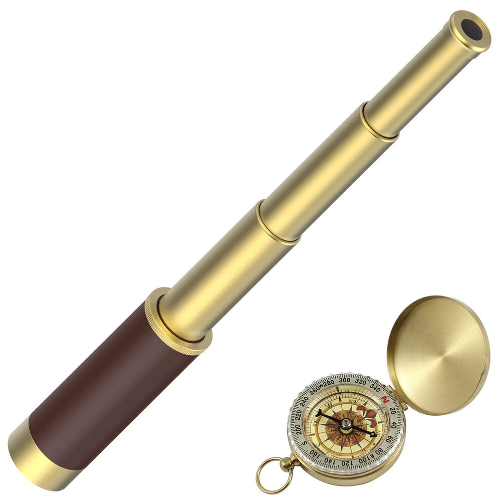 Pirate Spyglass Telescope Pocket Compass Set, Retro Monocular Handheld Telescope Zoomable 25x30 Spyglass with Pocket Compass for Pirate Party Supplies
