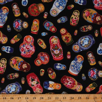 Cotton Matryoshka Dolls Russian Nesting Dolls Wooden Toys Kids Black Cotton Fabric Print by The Yard (D477.61)