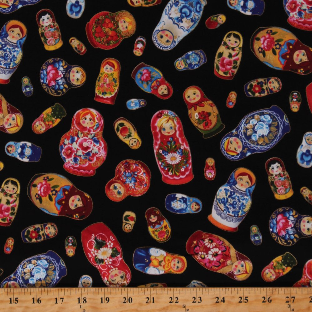 Cotton Matryoshka Dolls Russian Nesting Dolls Wooden Toys Kids Black Cotton Fabric Print by The Yard (D477.61)