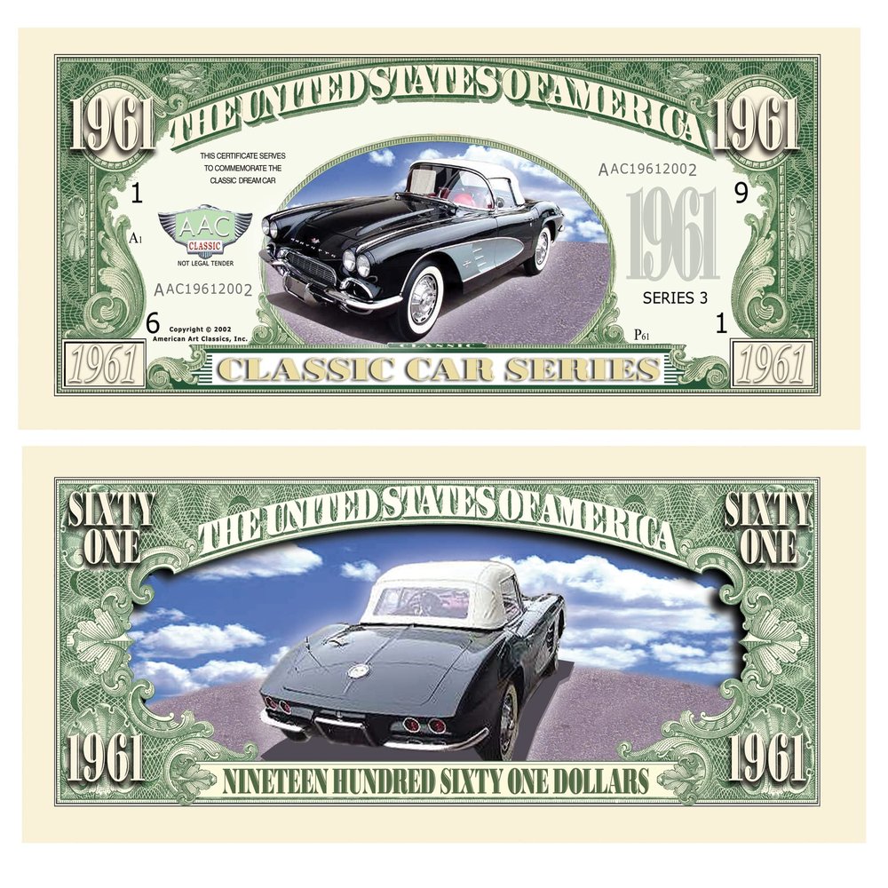 American Art Classics Pack of 25 Bills - 1961 Corvette Convertible Novelty Money Bill - Great Gift Or Keepsake for Vette Lovers