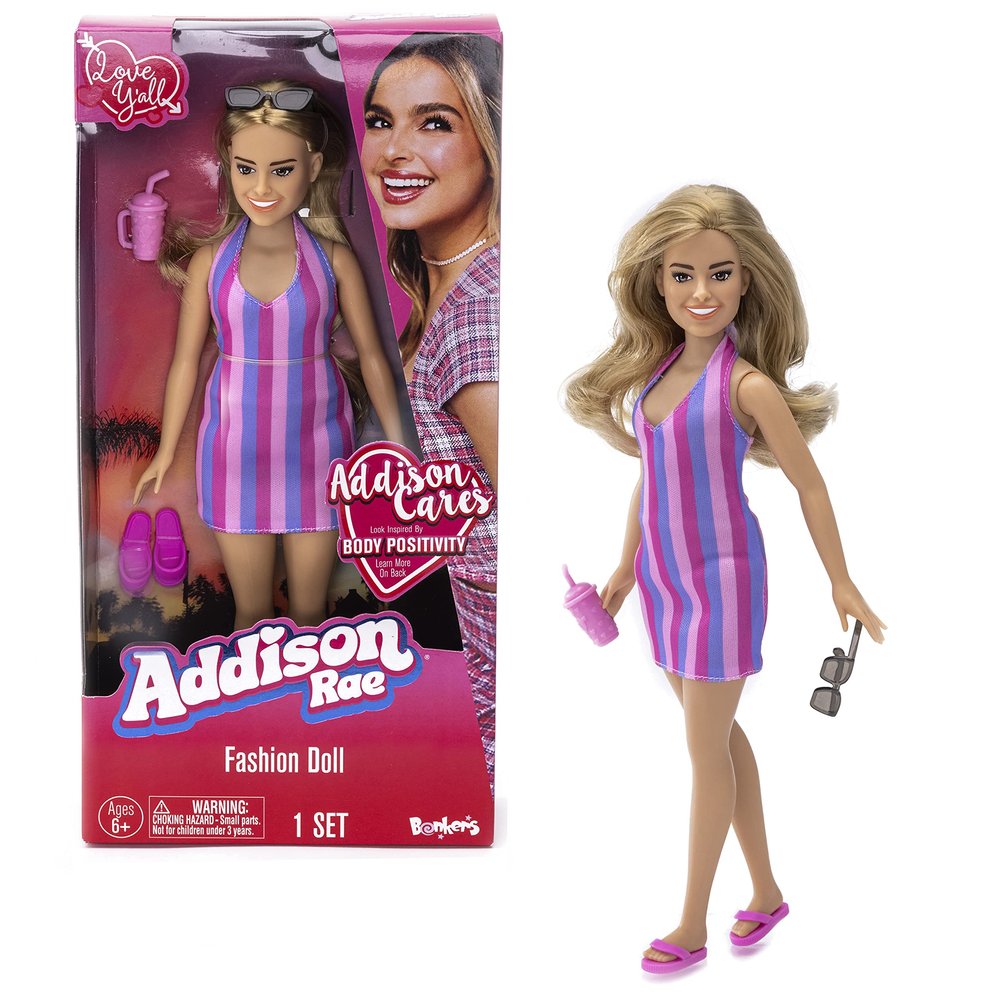 Addison Rae Fashion Doll - Beach; Trendsetting Style; Contains 11 Doll and Accessories, Including a Smoothie Cup, Sandals, and Sunglasses