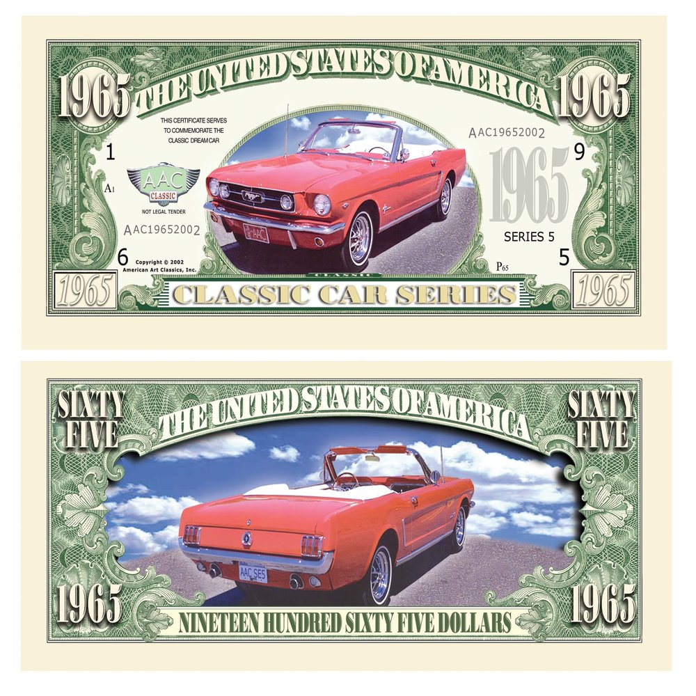 American Art Classics Pack of 25-1965 Mustang Convertible Novelty Money Bill - Great Gift Or Keepsake for Pony Lovers