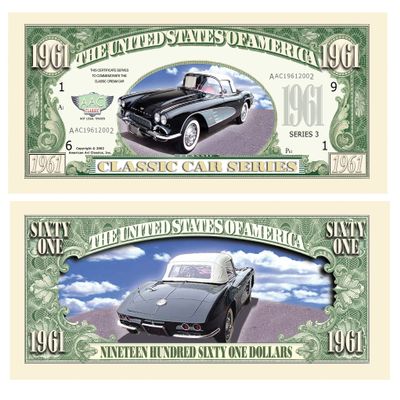 American Art Classics Pack of 100 Bills - 1961 Corvette Convertible Novelty Money Bill - Great Gift Or Keepsake for Vette Lovers