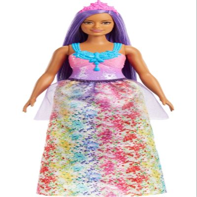 Barbie Dreamtopia Royal Fashion Doll with Curvy Body, Purple Hair & Sparkly Bodice Wearing Removable Skirt, Shoes & Headband Accessory