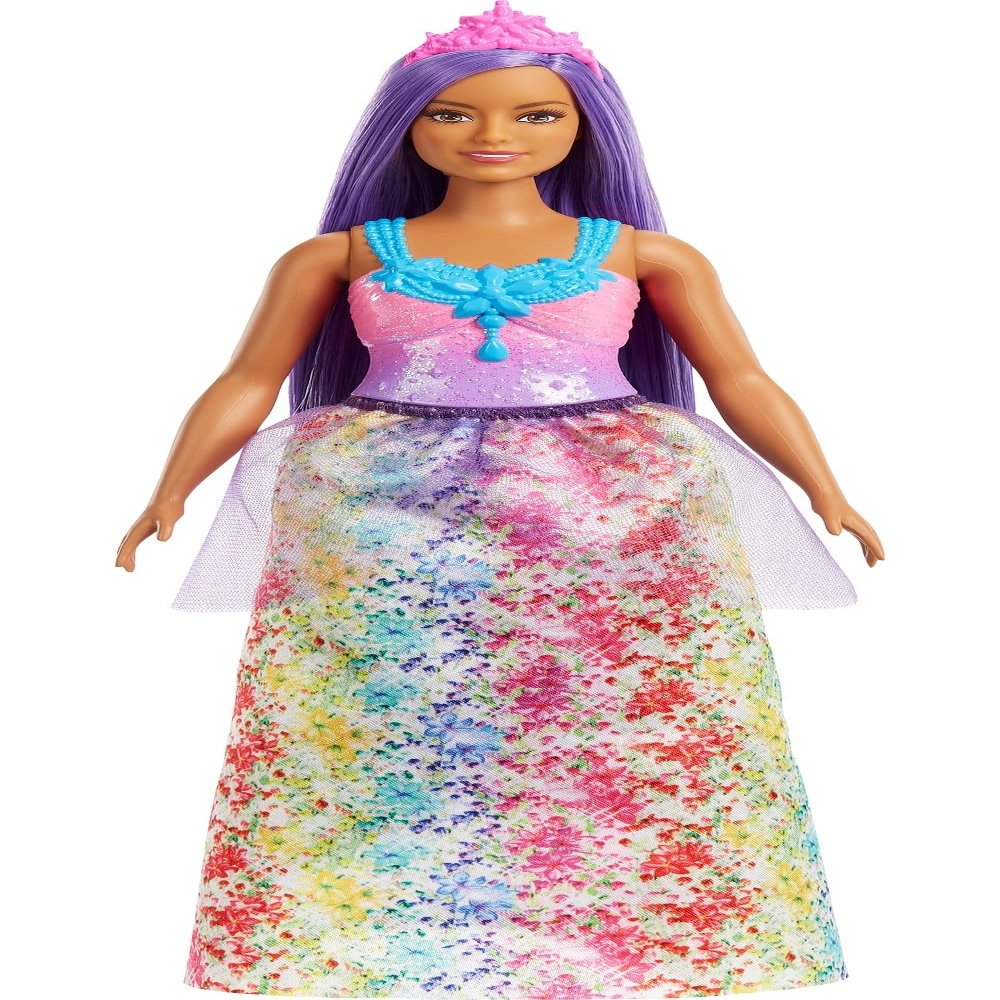 Barbie Dreamtopia Royal Fashion Doll with Curvy Body, Purple Hair & Sparkly Bodice Wearing Removable Skirt, Shoes & Headband Accessory
