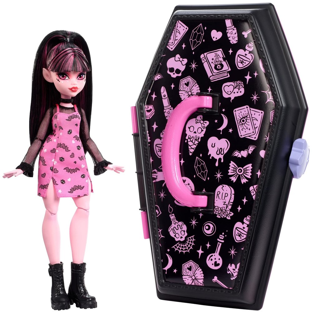 Monster High Draculaura Doll & Accessories, Gore-ganizer Beauty Kit with Bat Clips, Comb & Mirror, Customizable with Stamp Pen & Stickers