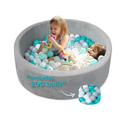 Nuby Velvet Ball Pit - 200 Colored Balls Included - Soft Foam Play Pit for Baby and Toddlers, Indoor/Outdoor Playpen, Play Gym - Aqua & Gray