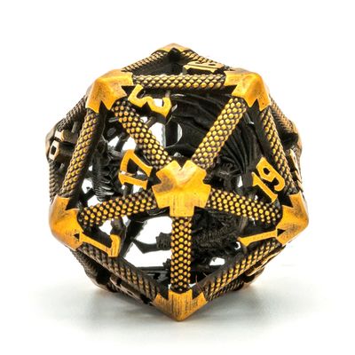UDIXI 22mm D20 Metal Dice, Single D20 DND Dice with Hollow Dragon Design for D&D Role Playing Game (Ancient Golden)