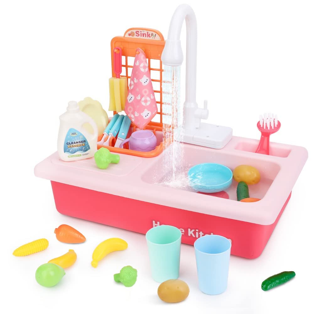 BOBXIN Play Sink with Running Water, Kids Pretend Play Kitchen Toy Sink for Toddler, Role Play Electric Dishwasher Kitchen Water Toys Set with Upgraded Working Faucet and Dishes Playset for Girl Boy